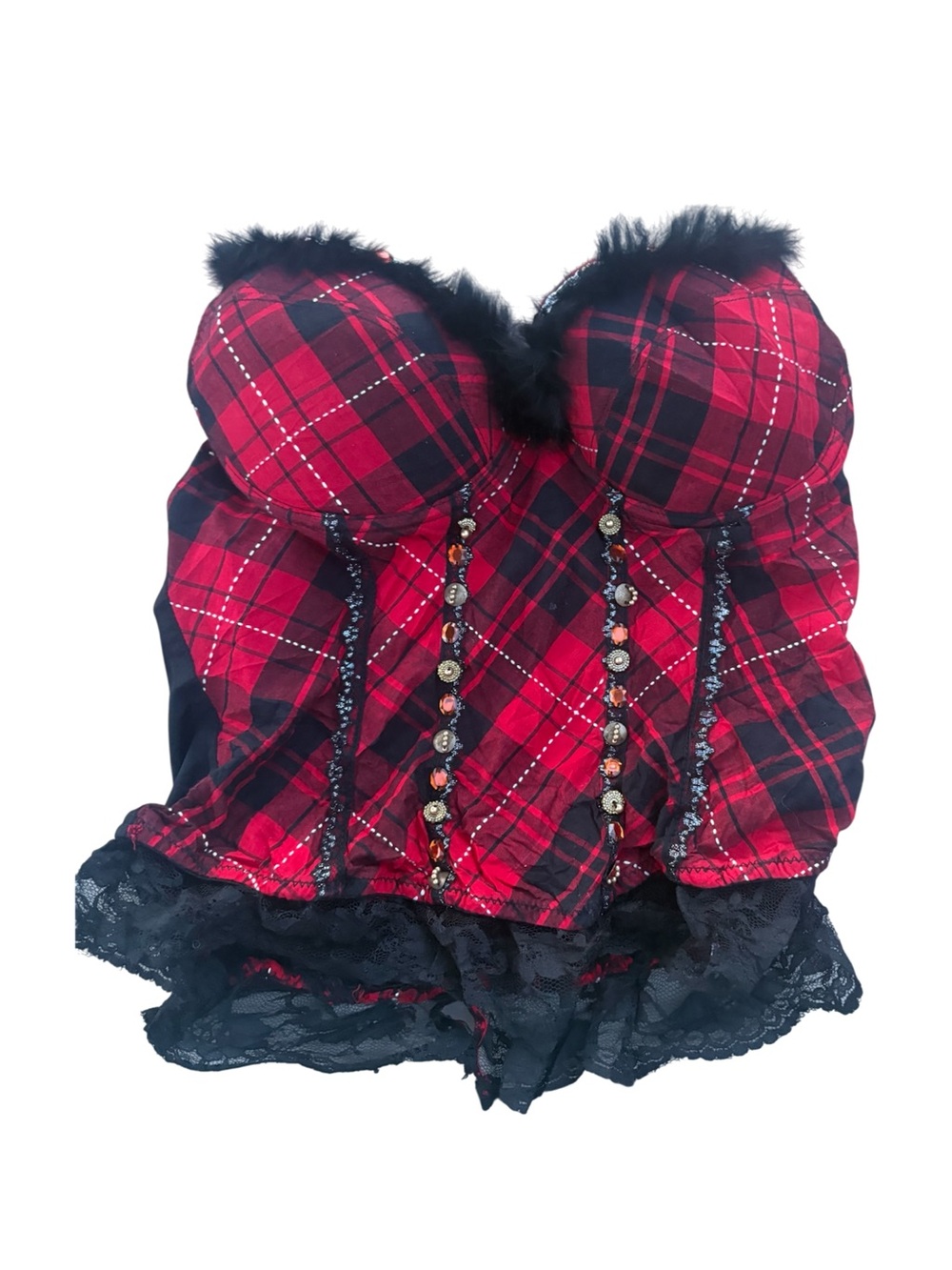 Red Plaid Y2K Bustier Corset with Black Lace Trim